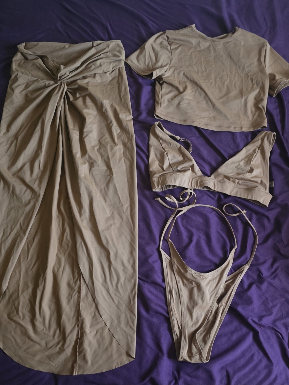SKIMS TAN 4-Piece Swim & Cover Set - Twist Skirt, Crop Top, Bikini Size Large